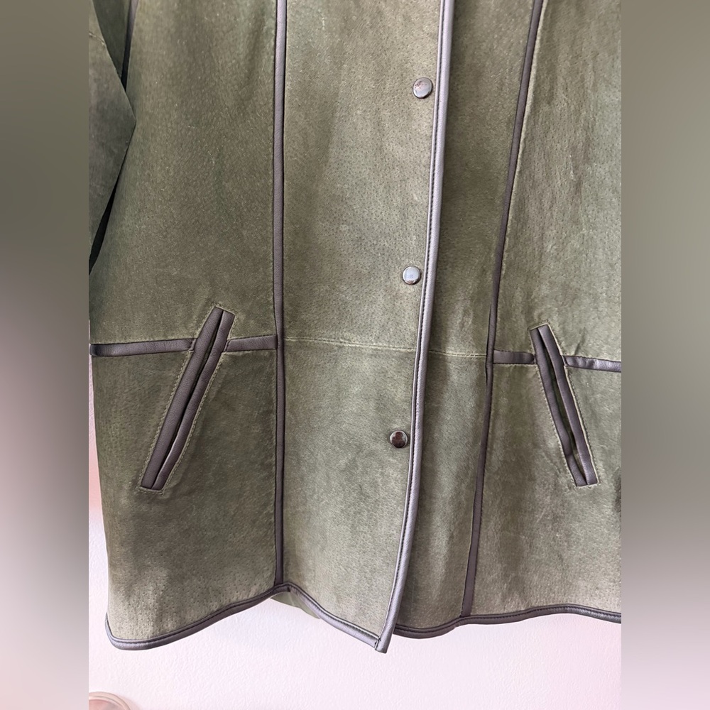 Vintage Claire Neuville green suede leather jacket coat faux fur collar/cuffs - Picture 3 of 10